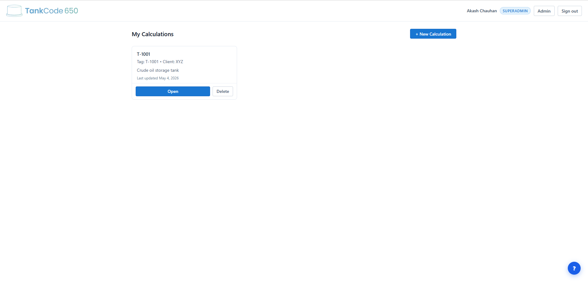 TankCode 650 dashboard screen with saved calculation list