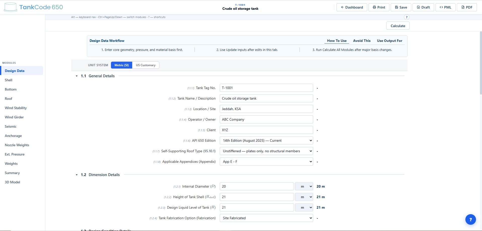 Design Data module with API 650 inputs and parameters